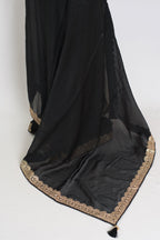 Farah : Designer Glass Tissue Black Partywear Saree with Patched Gold Border