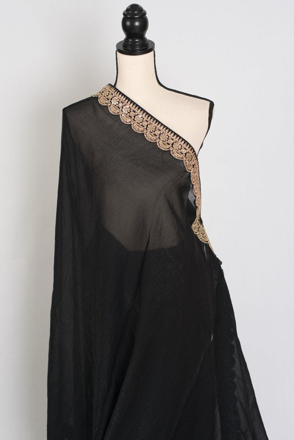 Farah : Designer Glass Tissue Black Partywear Saree with Patched Gold Border