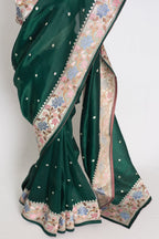 Farheen : Bottle Green Thread Embroidery Party Wear Organza Saree