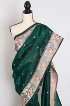 Farheen : Bottle Green Thread Embroidery Party Wear Organza Saree