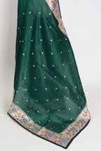 Farheen : Bottle Green Thread Embroidery Party Wear Organza Saree