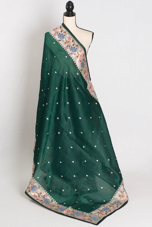 Farheen : Bottle Green Thread Embroidery Party Wear Organza Saree
