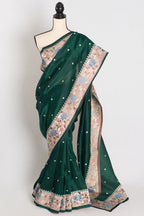 Farheen : Bottle Green Thread Embroidery Party Wear Organza Saree