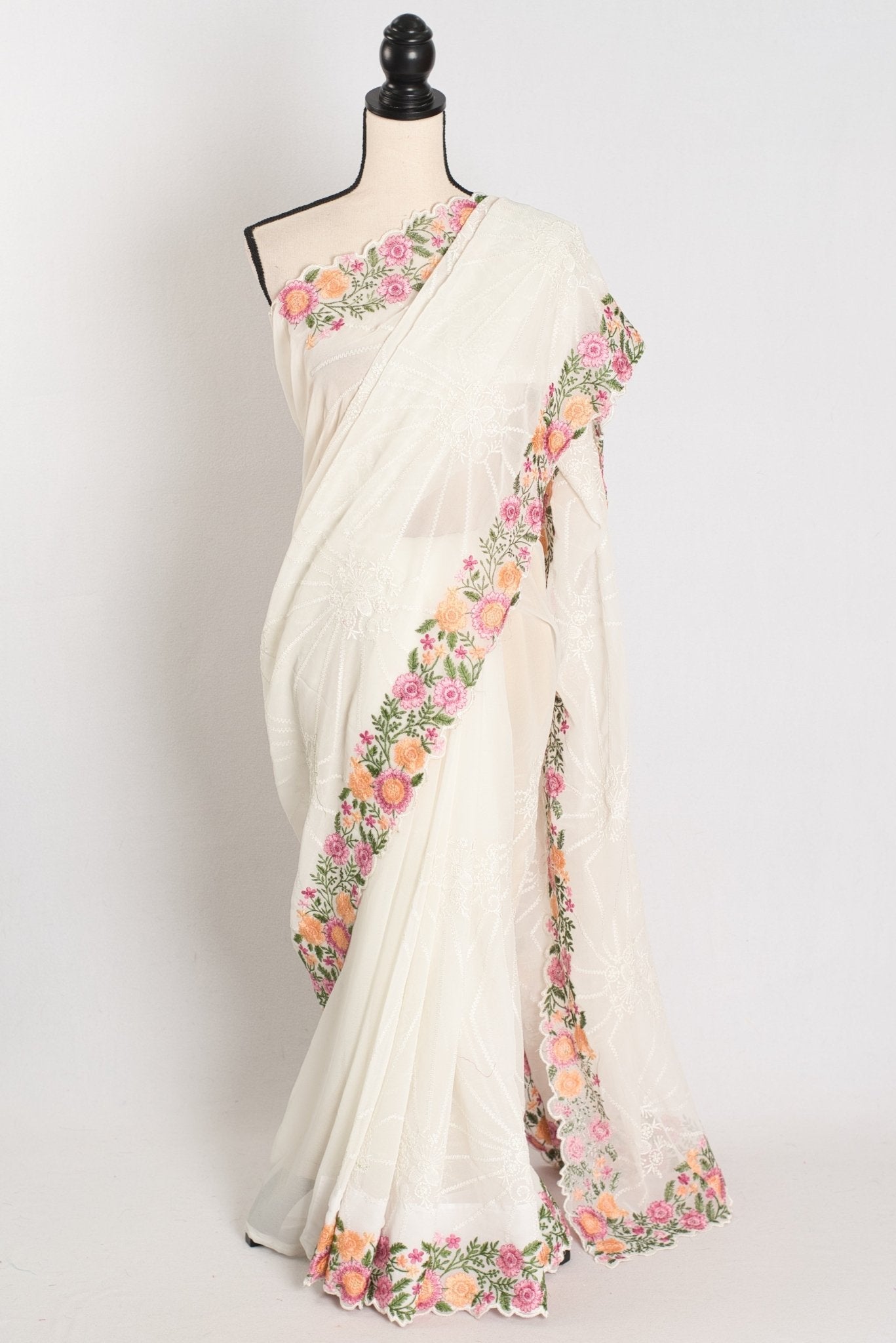 Farheen : Georgette Embroidery Designer Saree in Off White