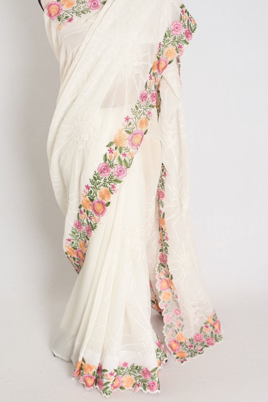 Farheen : Georgette Embroidery Designer Saree in Off White