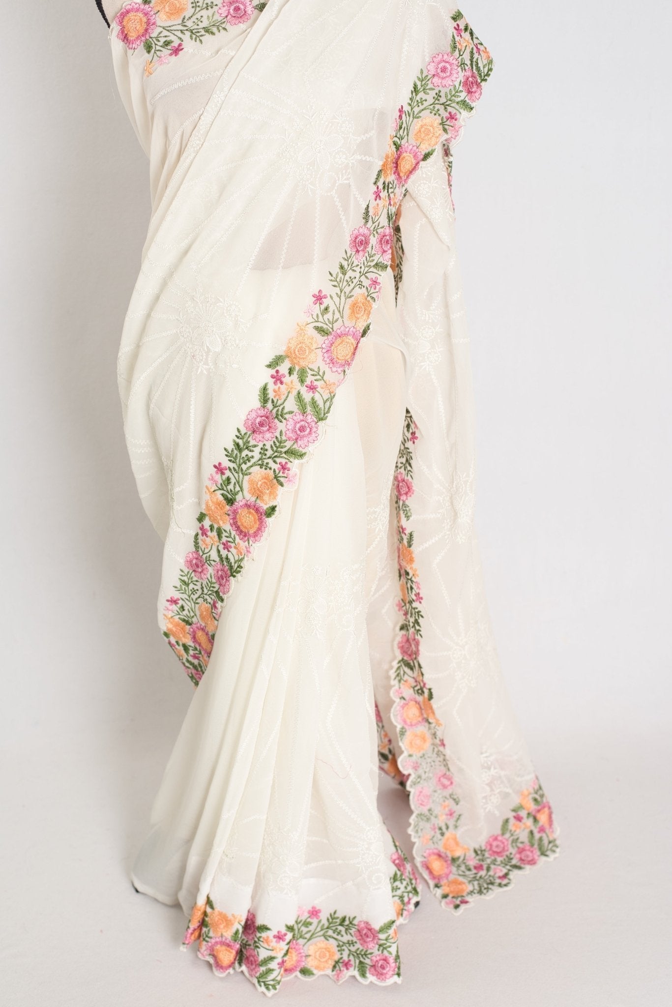 Farheen : Georgette Embroidery Designer Saree in Off White