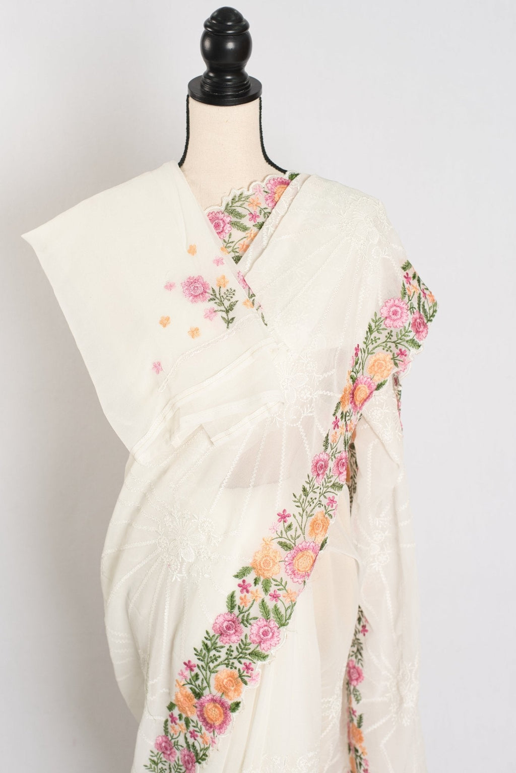 Farheen : Georgette Embroidery Designer Saree in Off White