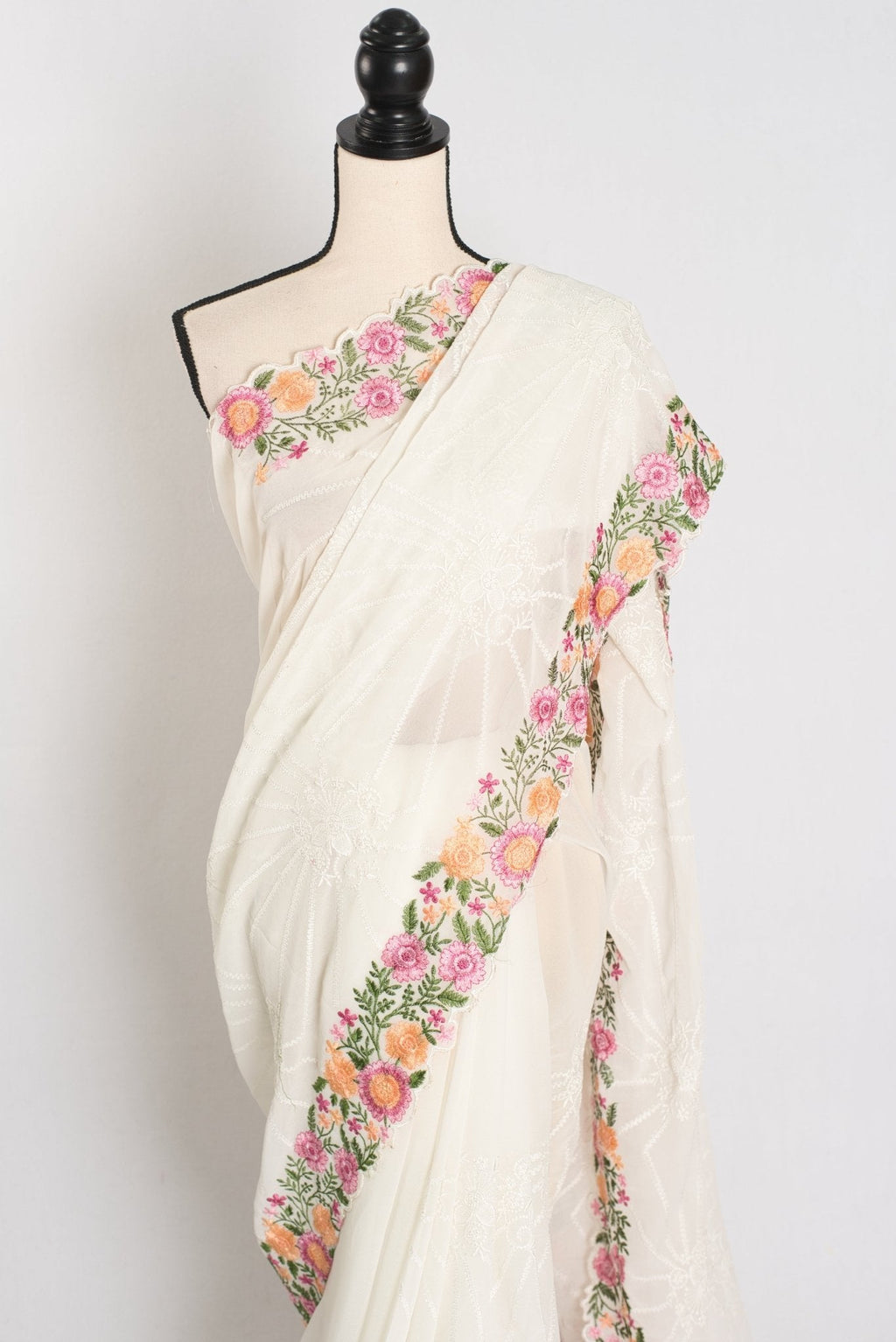 Farheen : Georgette Embroidery Designer Saree in Off White