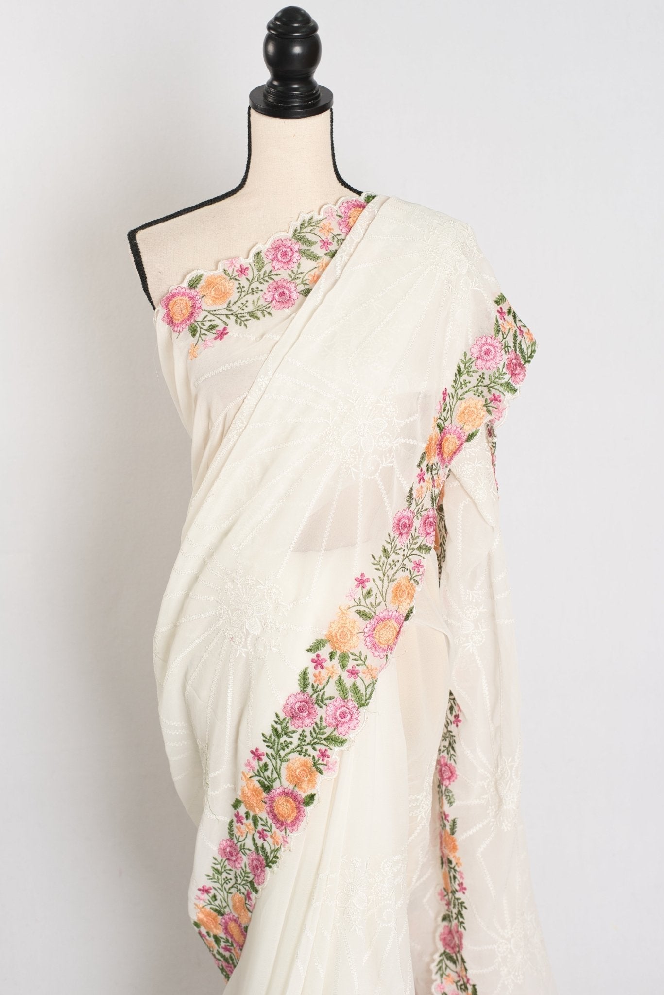 Farheen : Georgette Embroidery Designer Saree in Off White