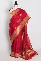 Ishq : Red and Gold Kora Organza Banarasi Saree with Stitched Blouse (Size 36)
