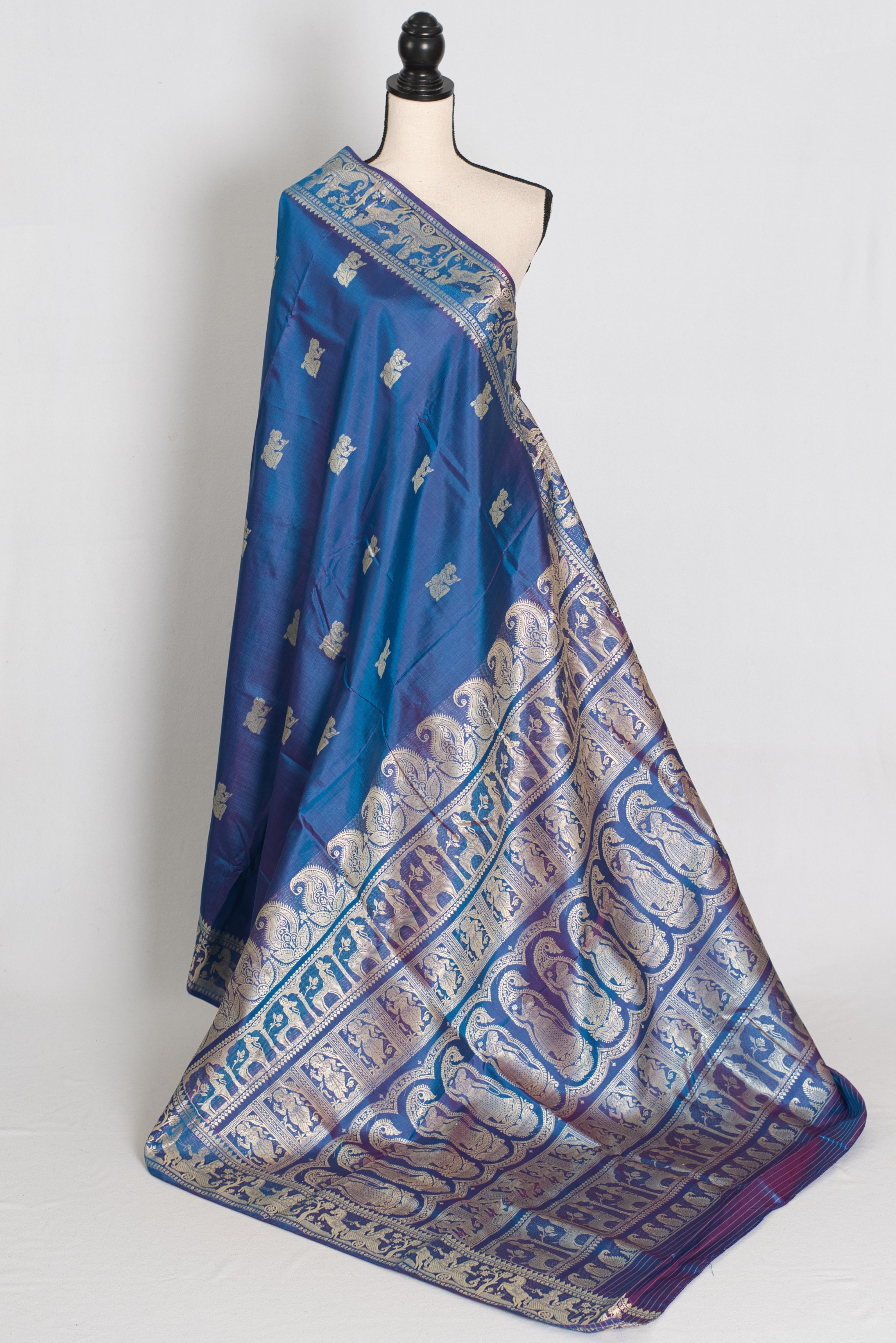 Arpita | Peacock Blue and Cream Handwoven Baluchari Silk Saree