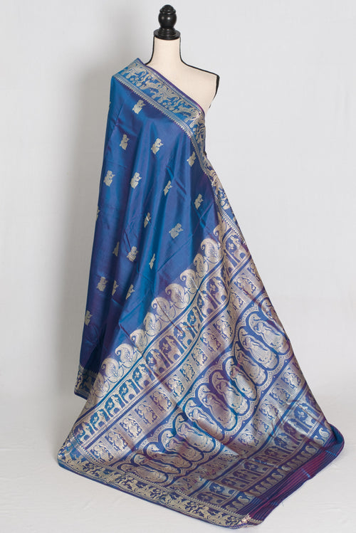 Arpita | Peacock Blue and Cream Handwoven Baluchari Silk Saree