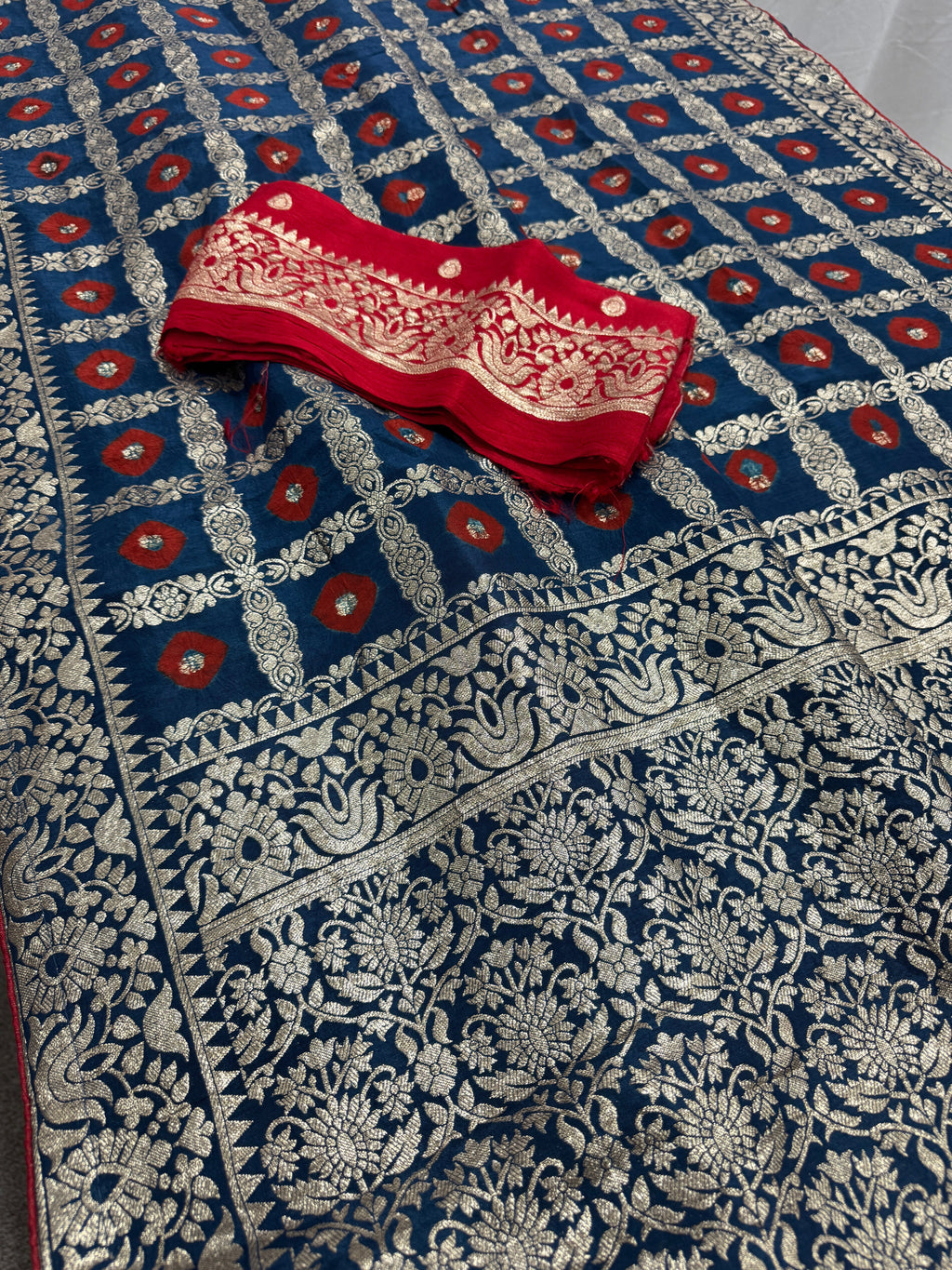 Parul | Dark Blue & Red Gharchola Banarasi Saree | Silver Zari Dola Silk