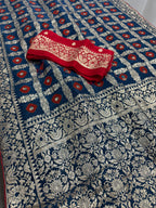 Parul | Dark Blue & Red Gharchola Banarasi Saree | Silver Zari Dola Silk