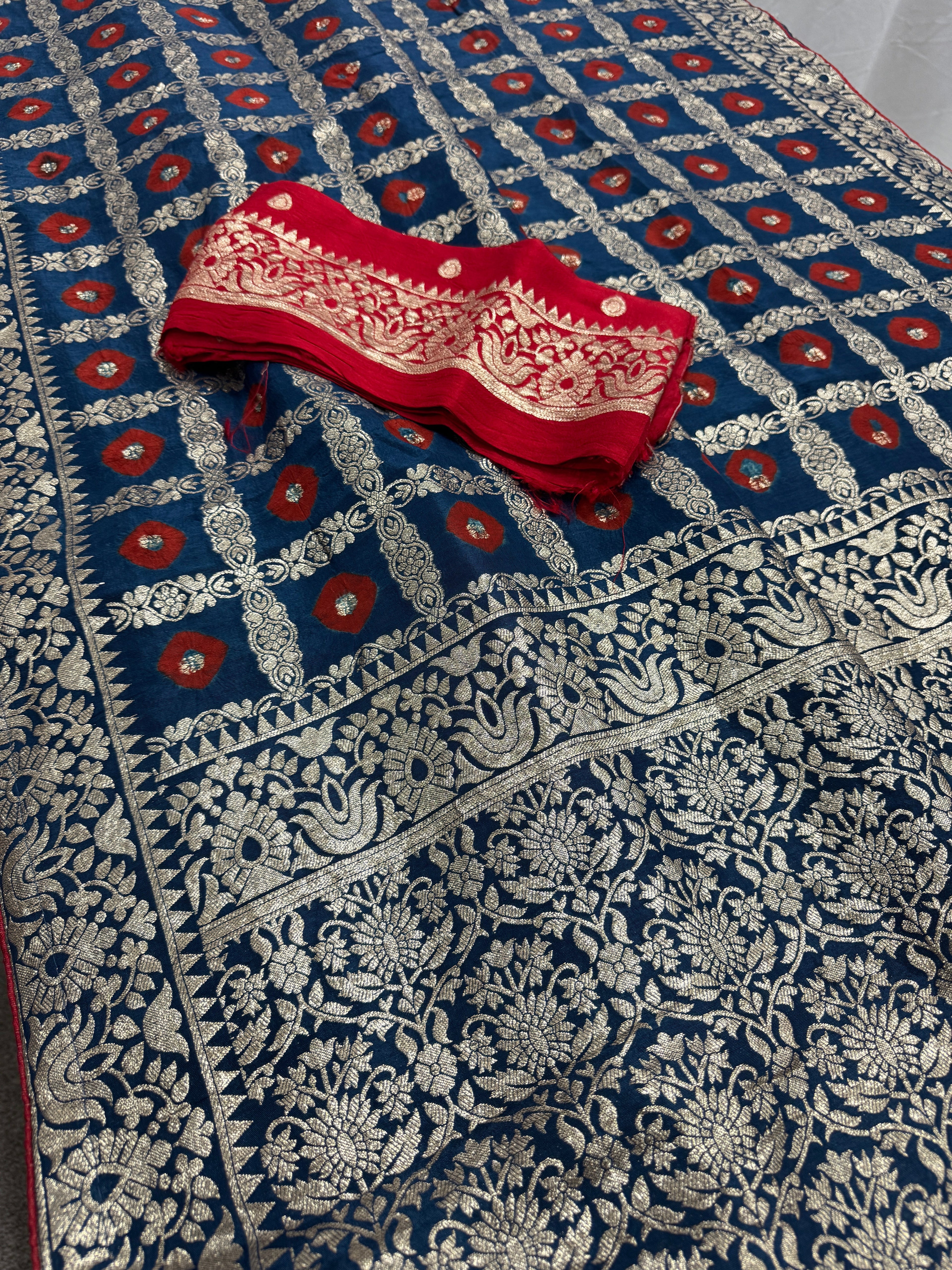 Parul | Dark Blue & Red Gharchola Banarasi Saree | Silver Zari Dola Silk