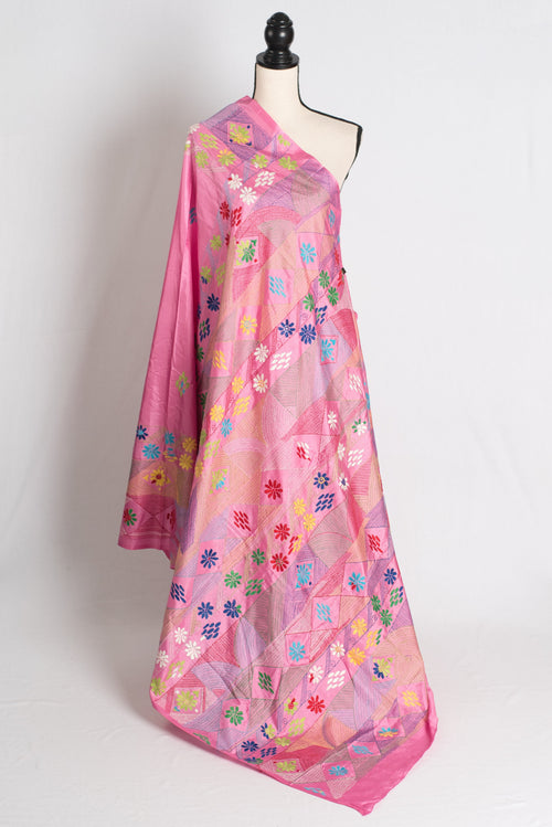 Amira : Pink Blended Silk Saree with Hand Embroidery Lambani Work Saree