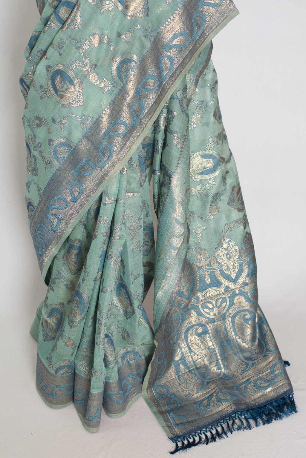 Mira | Pastel Blue Blended Cotton Saree | Traditional Baluchari Motifs