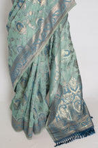 Mira | Pastel Blue Blended Cotton Saree | Traditional Baluchari Motifs