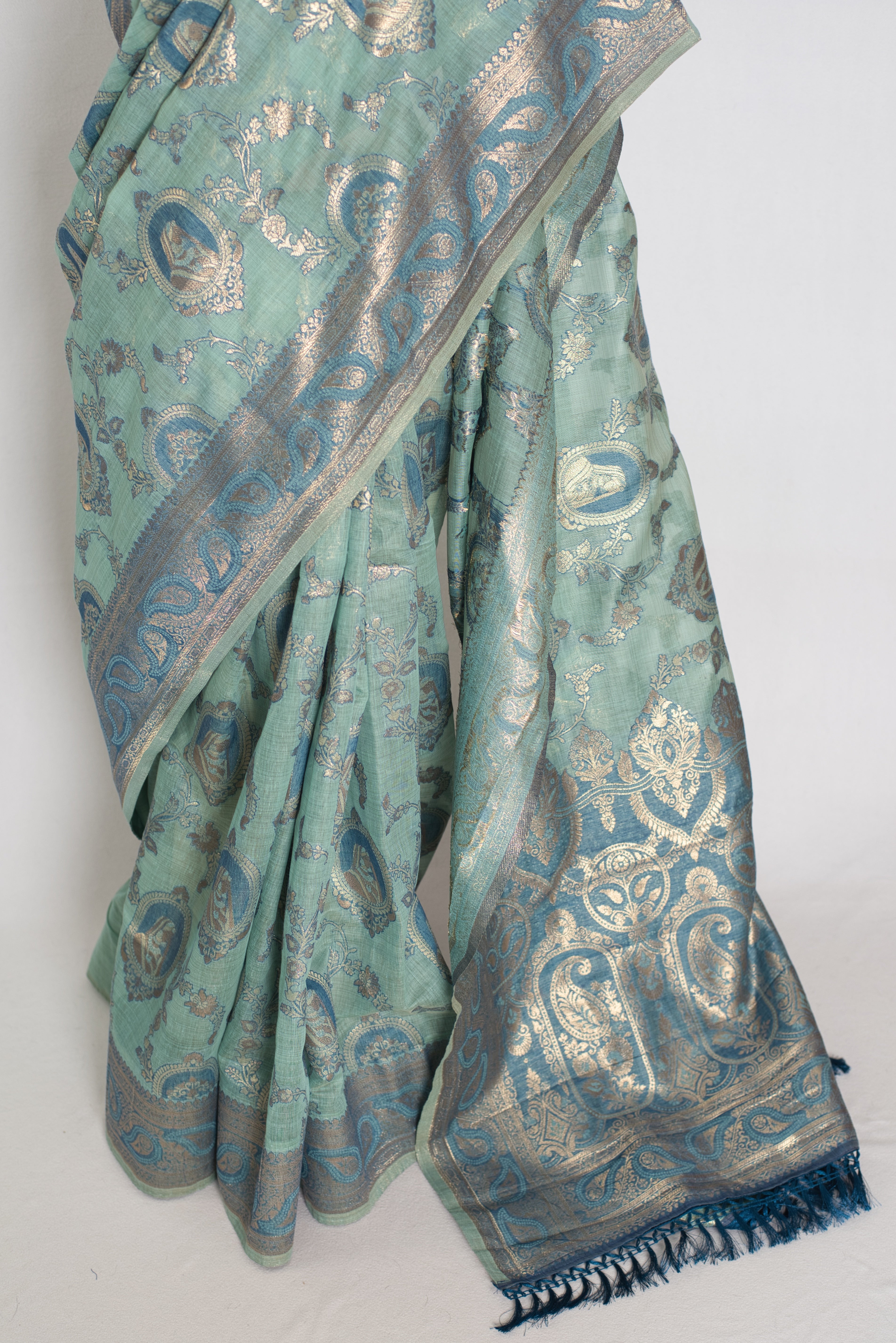 Mira | Pastel Blue Blended Cotton Saree | Traditional Baluchari Motifs