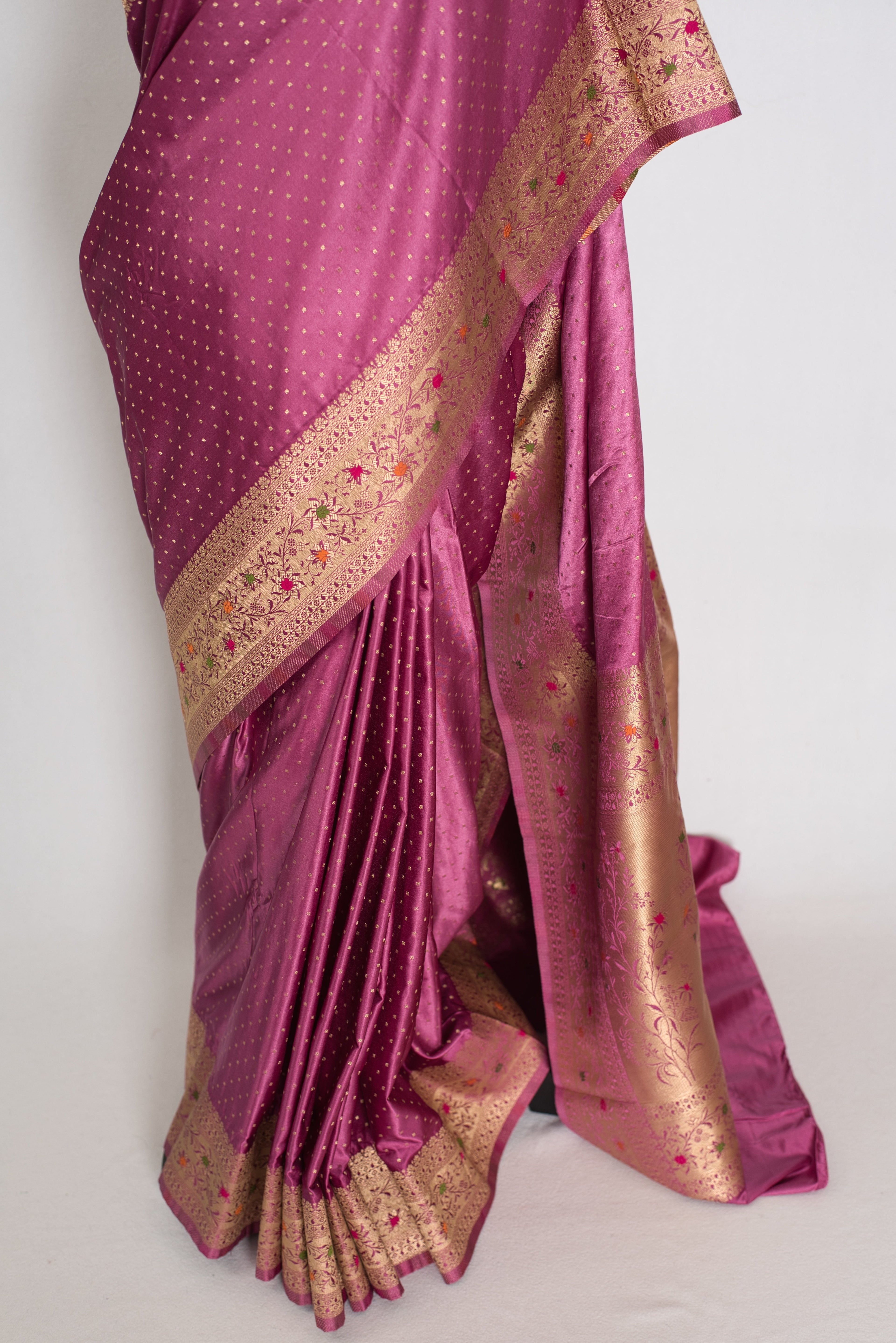Indrani | Purplish Pink Semi Mashru Banarasi Saree | Pre-Stitched Size 36 Blouse