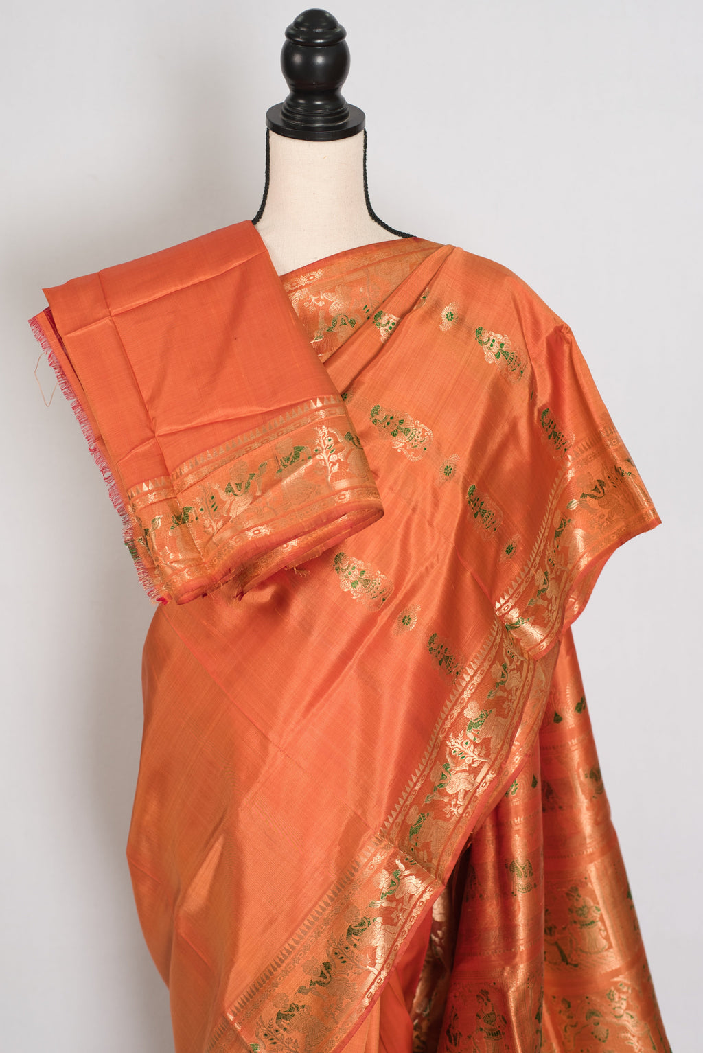 Gauri | Orange and Green Handwoven Bishnupuri Minakari Swarnachari Silk Saree