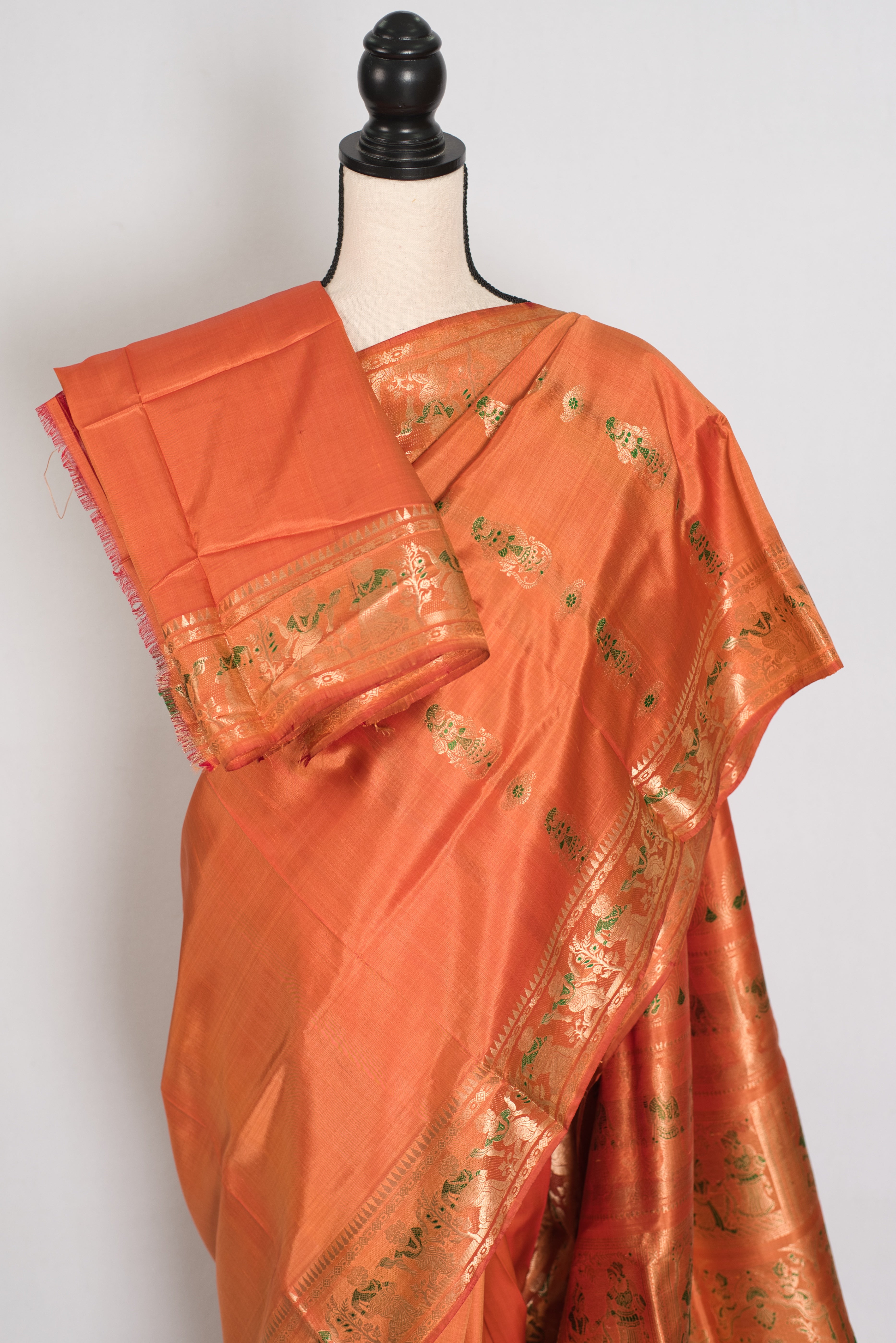 Gauri | Orange and Green Handwoven Bishnupuri Minakari Swarnachari Silk Saree