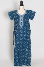 Indigo Blue Geometric Diamond Print Pure Cotton Indian Nightgown