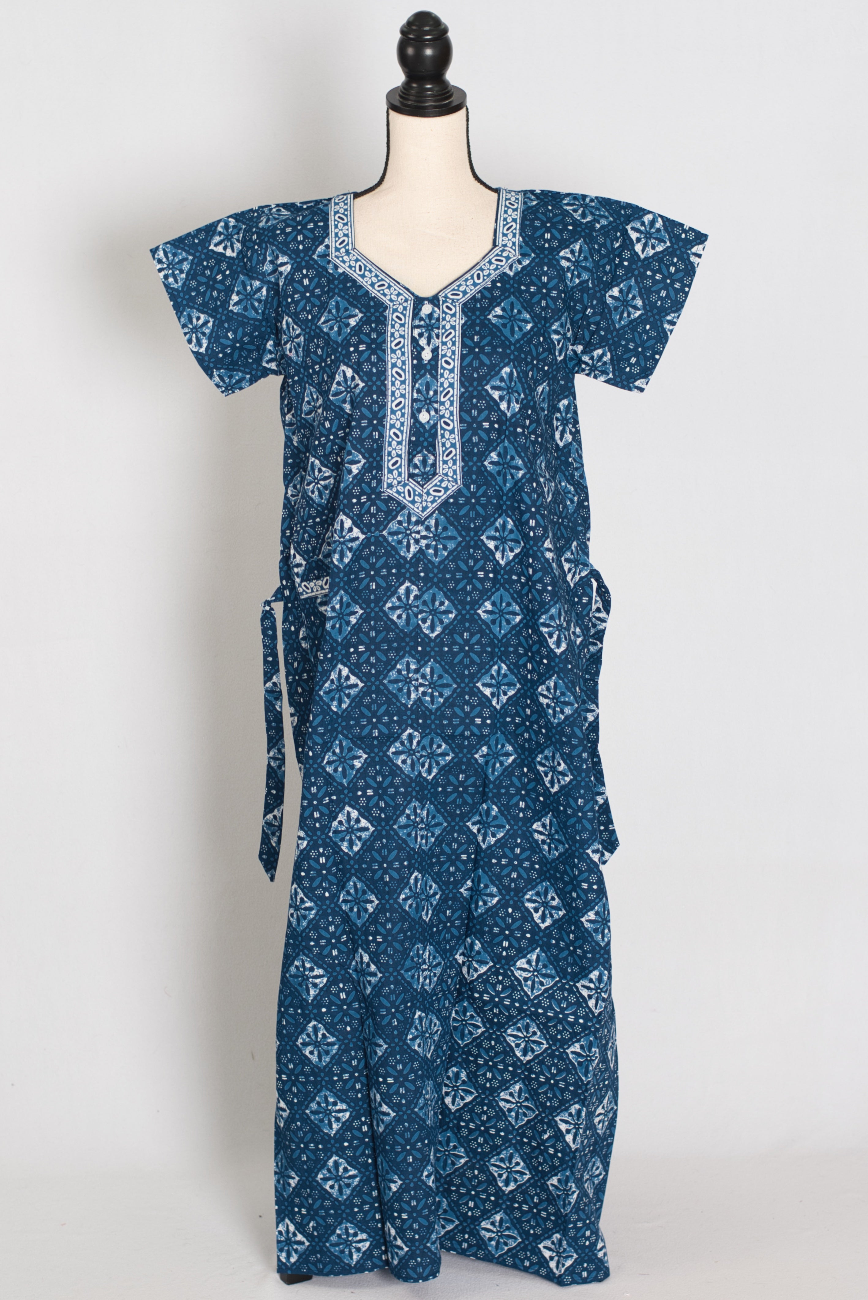 Indigo Blue Geometric Diamond Print Pure Cotton Indian Nightgown