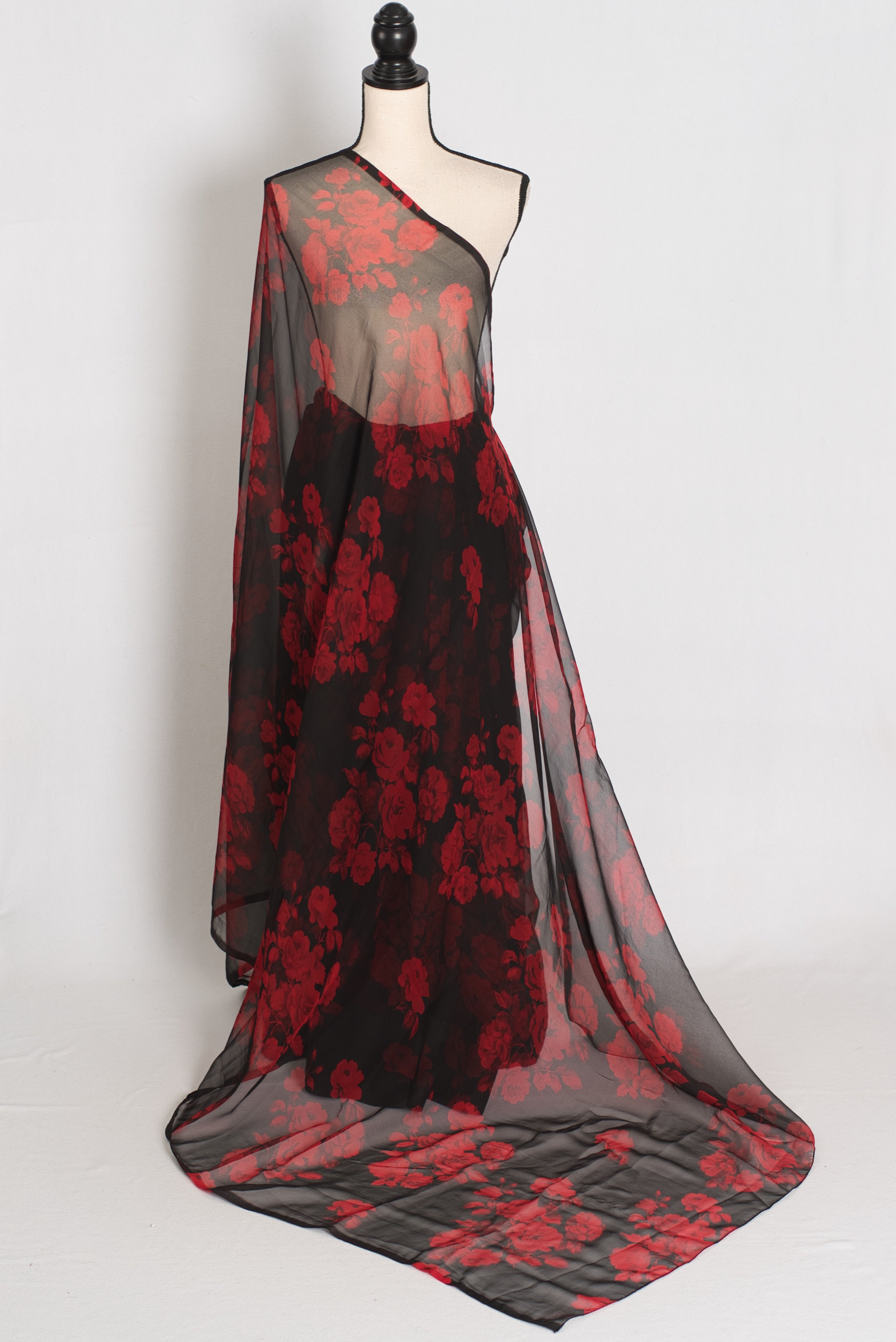 Mita : Black and Red Rose Printed Chiffon Saree - Budget Clearance Edition
