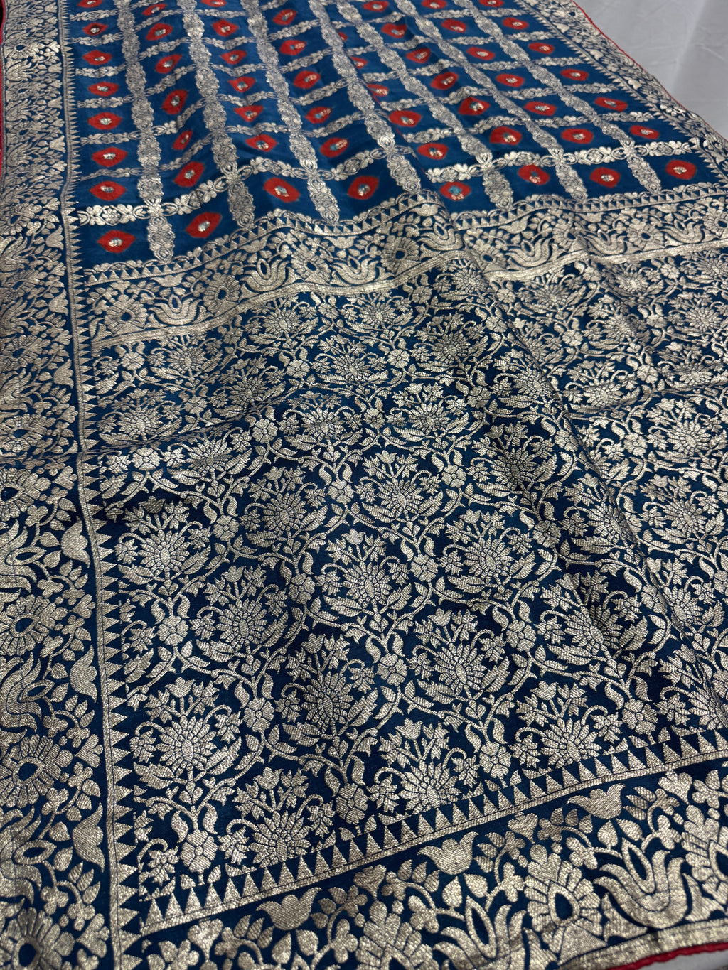 Parul | Dark Blue & Red Gharchola Banarasi Saree | Silver Zari Dola Silk