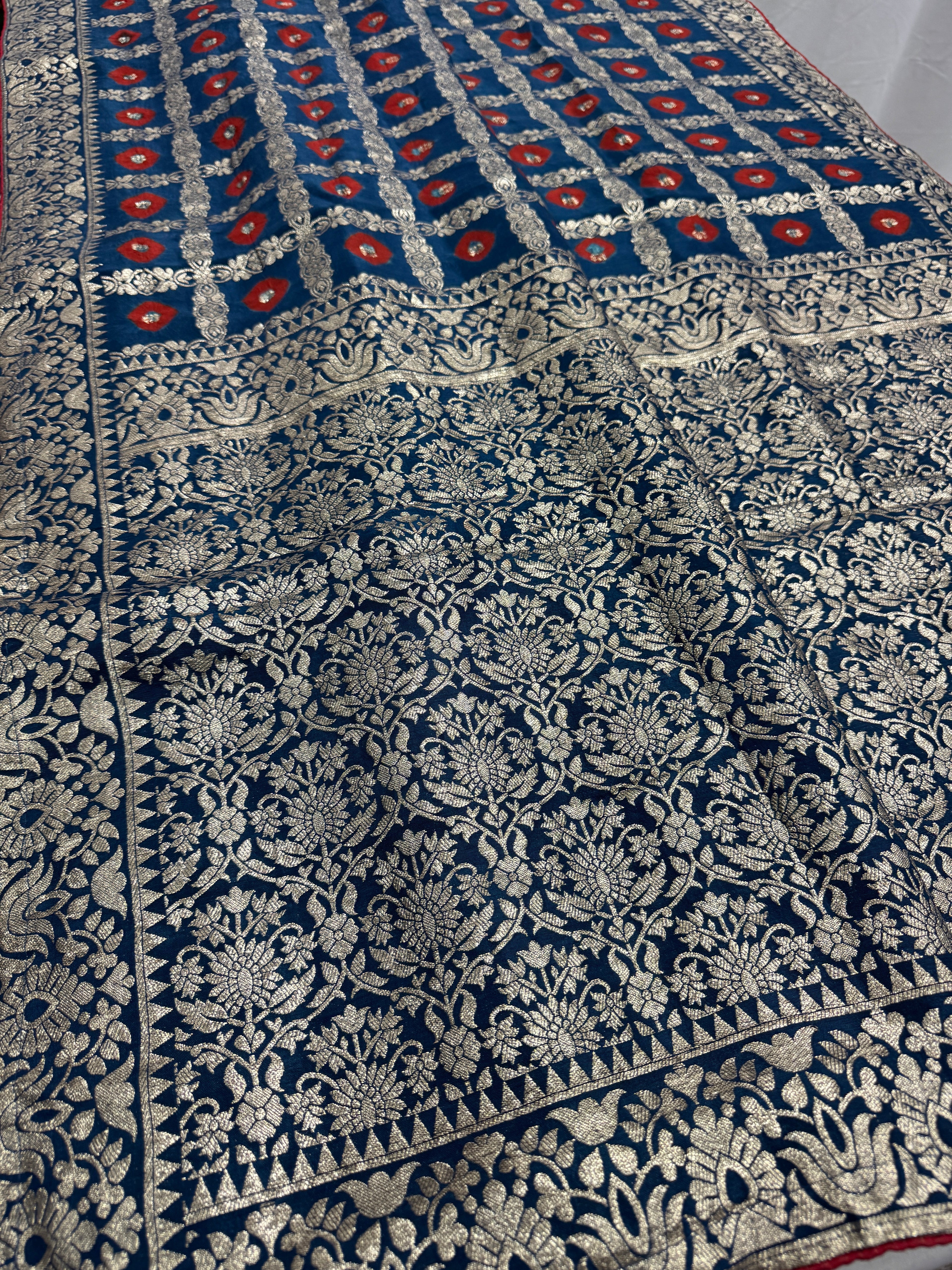 Parul | Dark Blue & Red Gharchola Banarasi Saree | Silver Zari Dola Silk