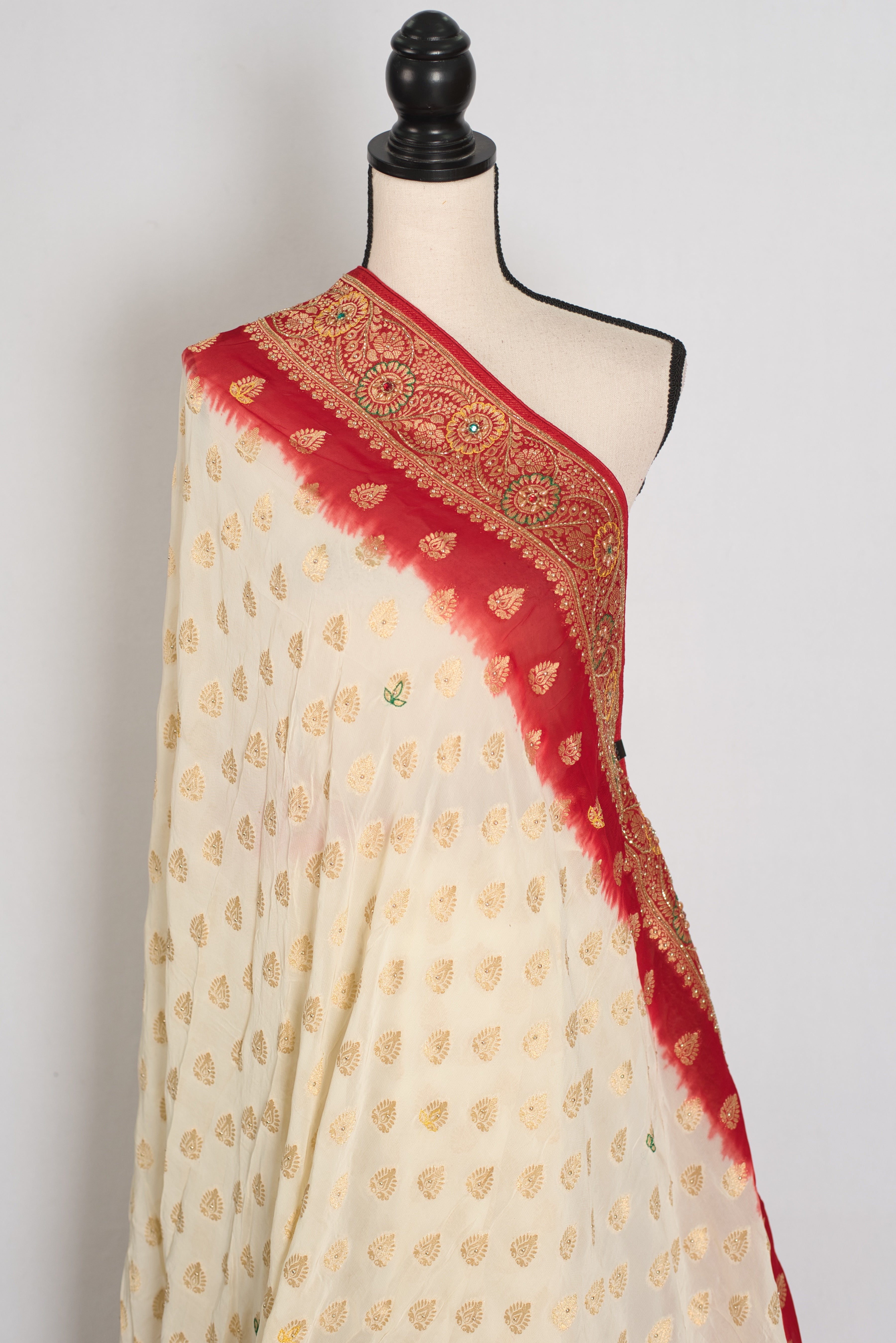Maya | Off-White & Red Crepe Georgette Banarasi Saree | Bengali Look
