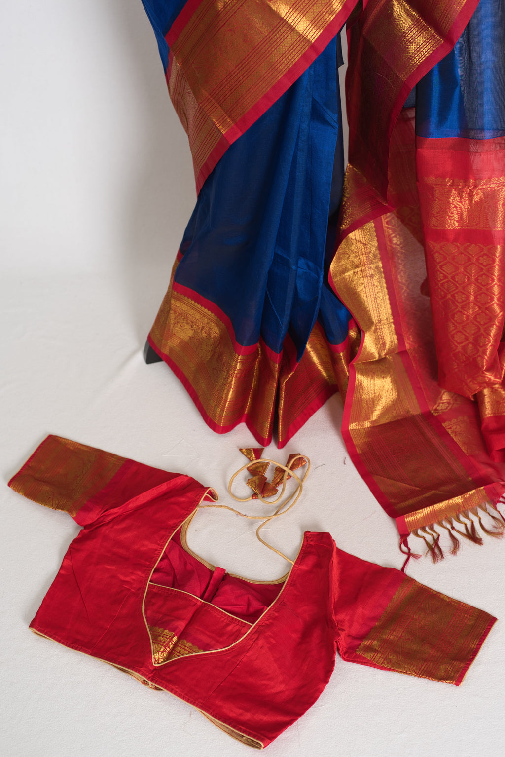 Mala : Royal Blue and Red Cotton Silk Kanjivaram Saree with 38 Size Blouse
