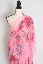 Mou : Bubble Gum Pink Floral Printed Chiffon Saree, Budget-Friendly Summer Drape