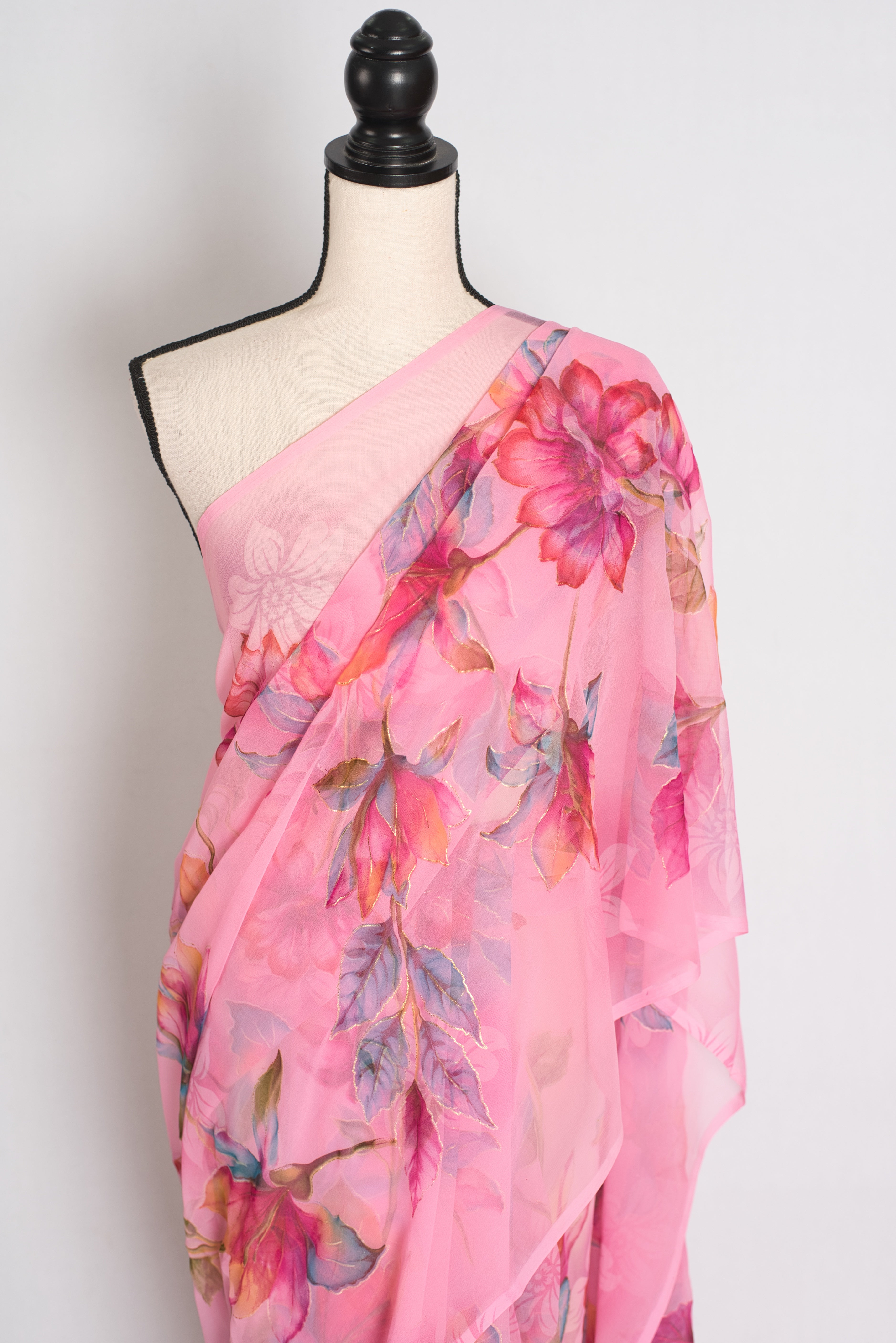 Mou : Bubble Gum Pink Floral Printed Chiffon Saree, Budget-Friendly Summer Drape