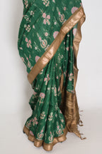 Ahalya | Forest Green Pure Muga Tussar Silk Saree | Contemporary Abstract Prints