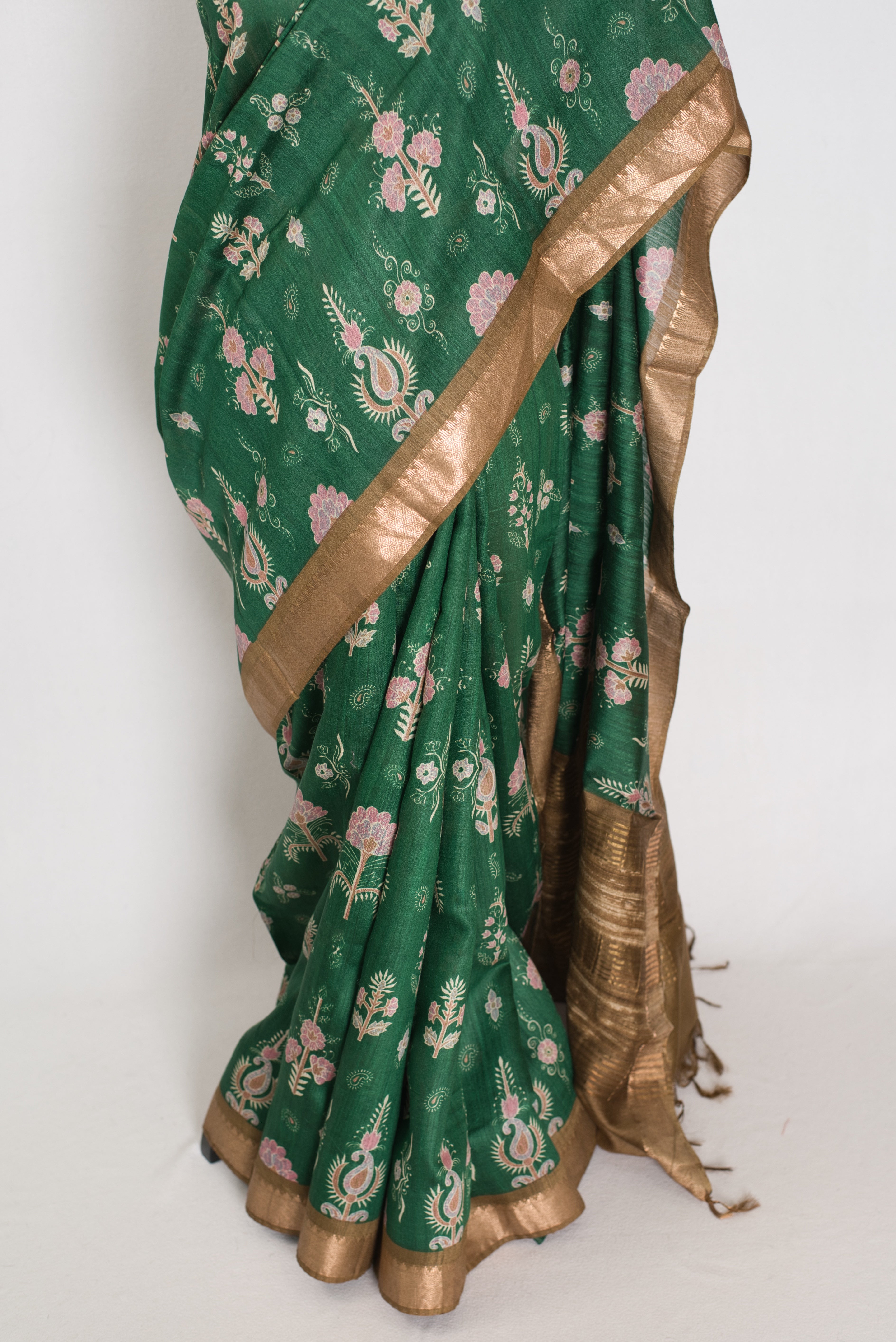 Ahalya | Forest Green Pure Muga Tussar Silk Saree | Contemporary Abstract Prints