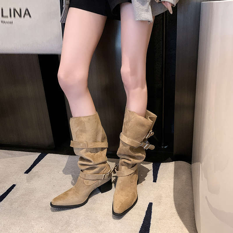 Womens Suede Pointed Toe Chunky Heel Ankle Boots