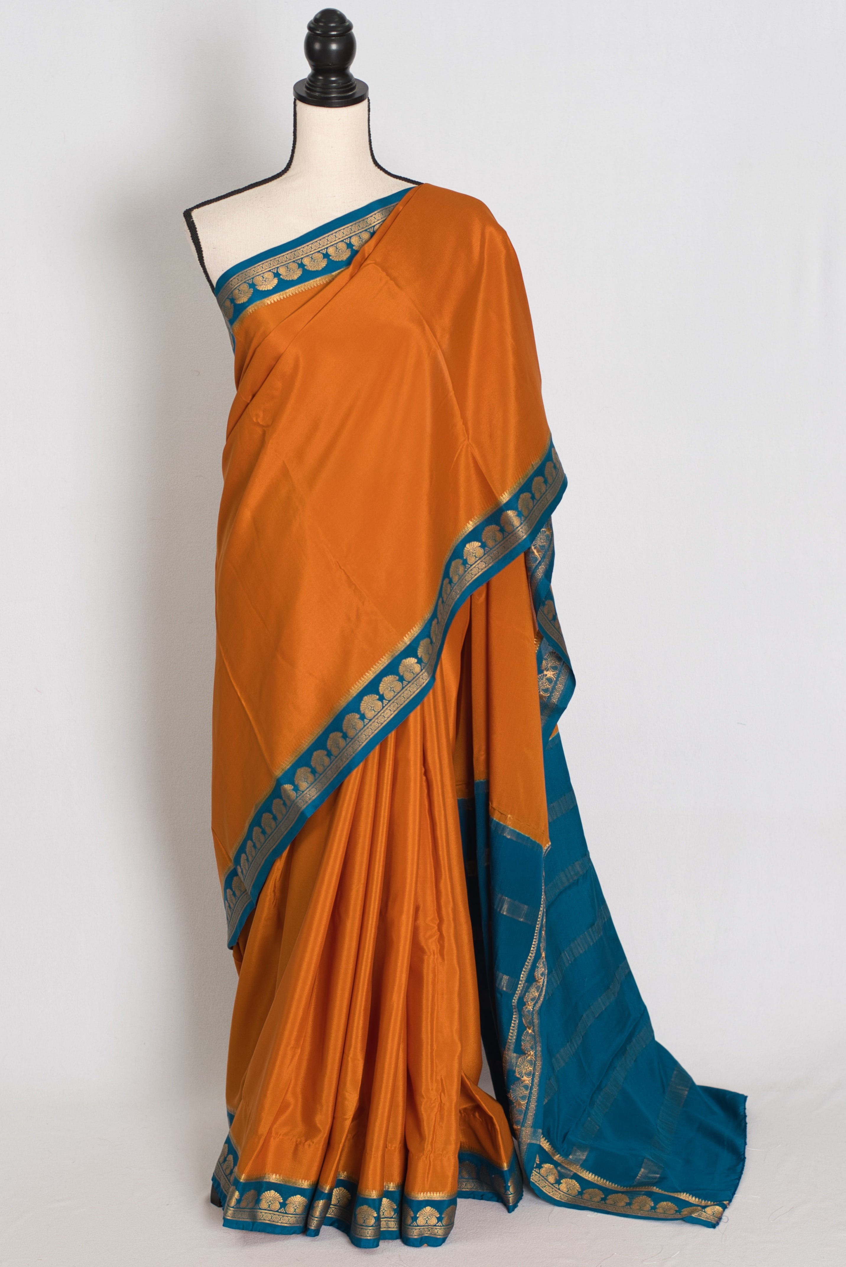 Nandini Orange and Turquoise Pure Mysore Silk Crepe Saree with 36 Size Blouse