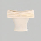 Womens Solid-Color Fashion Metal-Clasp Off-Shoulder Short Sleeve Top