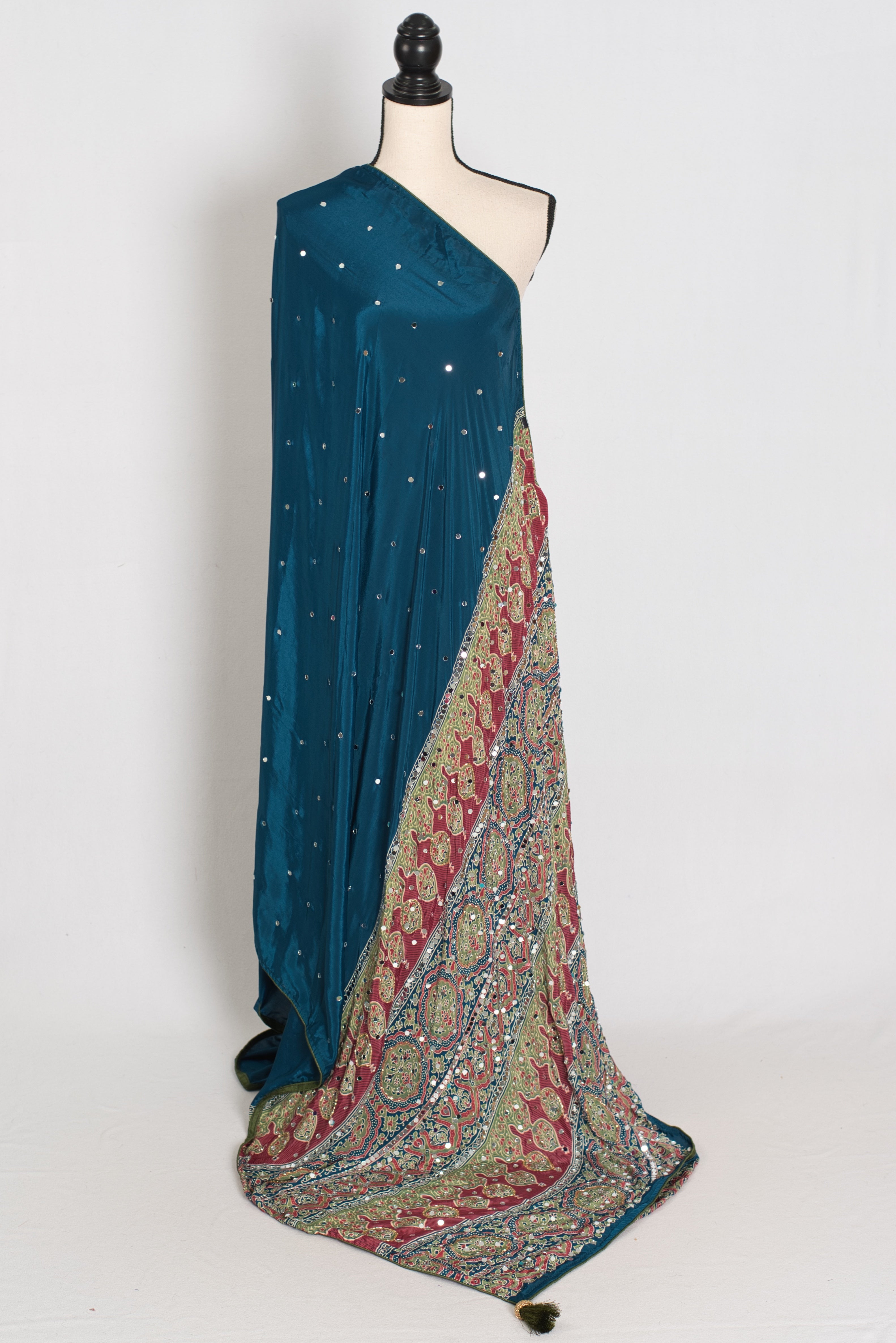 Ira | Teal Blue Mirror Work Partywear Saree | Ajrakh Printed Pallu & Blouse