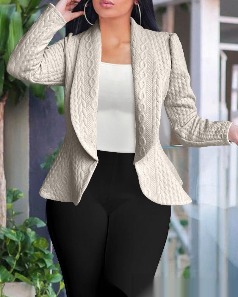 Womens Knitted Jacquard Lapel Fitted Waist Long Sleeve Coat
