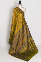 Bithi | Heena Green Handwoven Bishnupuri Baluchari Silk Saree | 38 Size Blouse