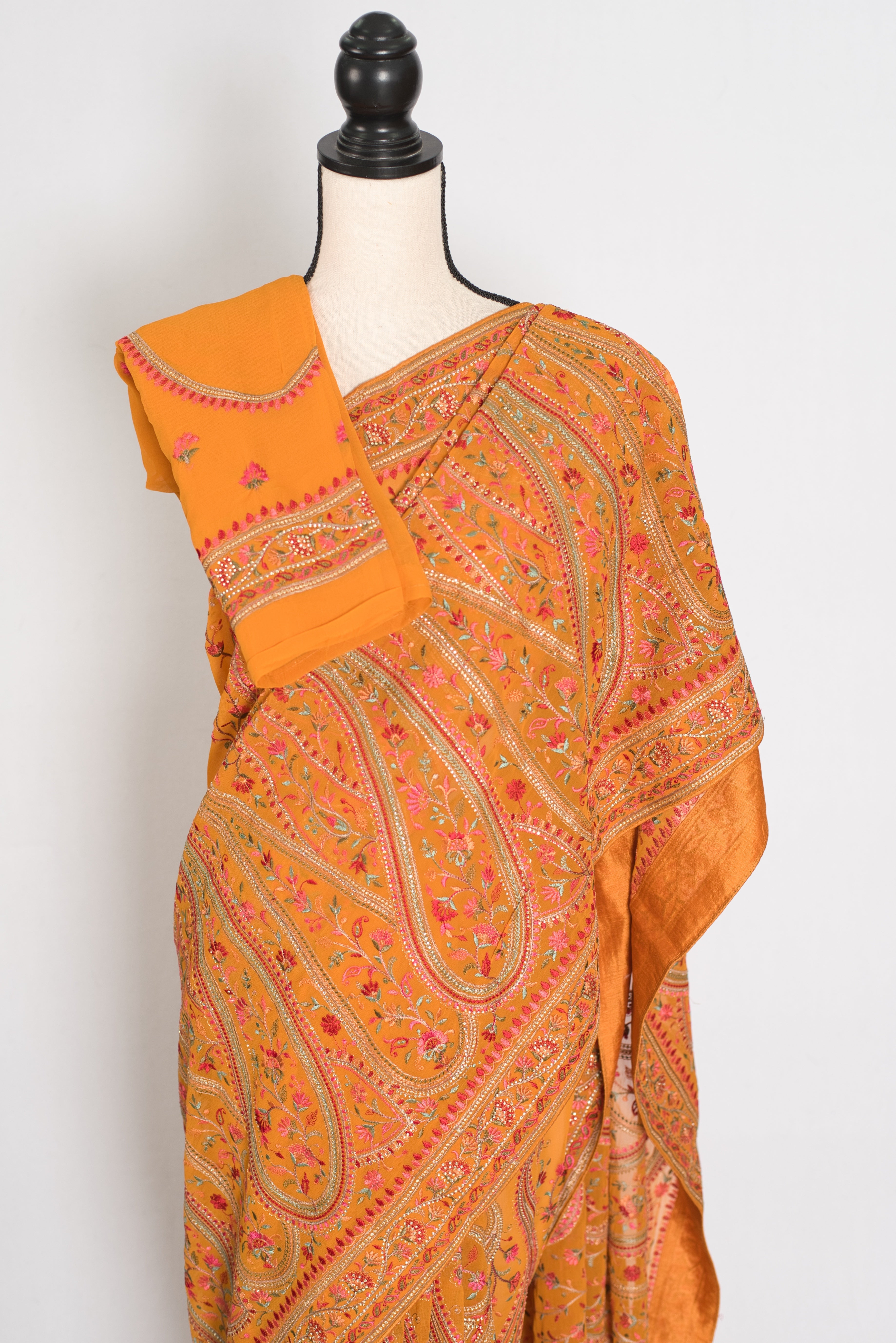 Haldi | Turmeric Yellow Georgette Saree | All-Over Kashmiri Embroidery