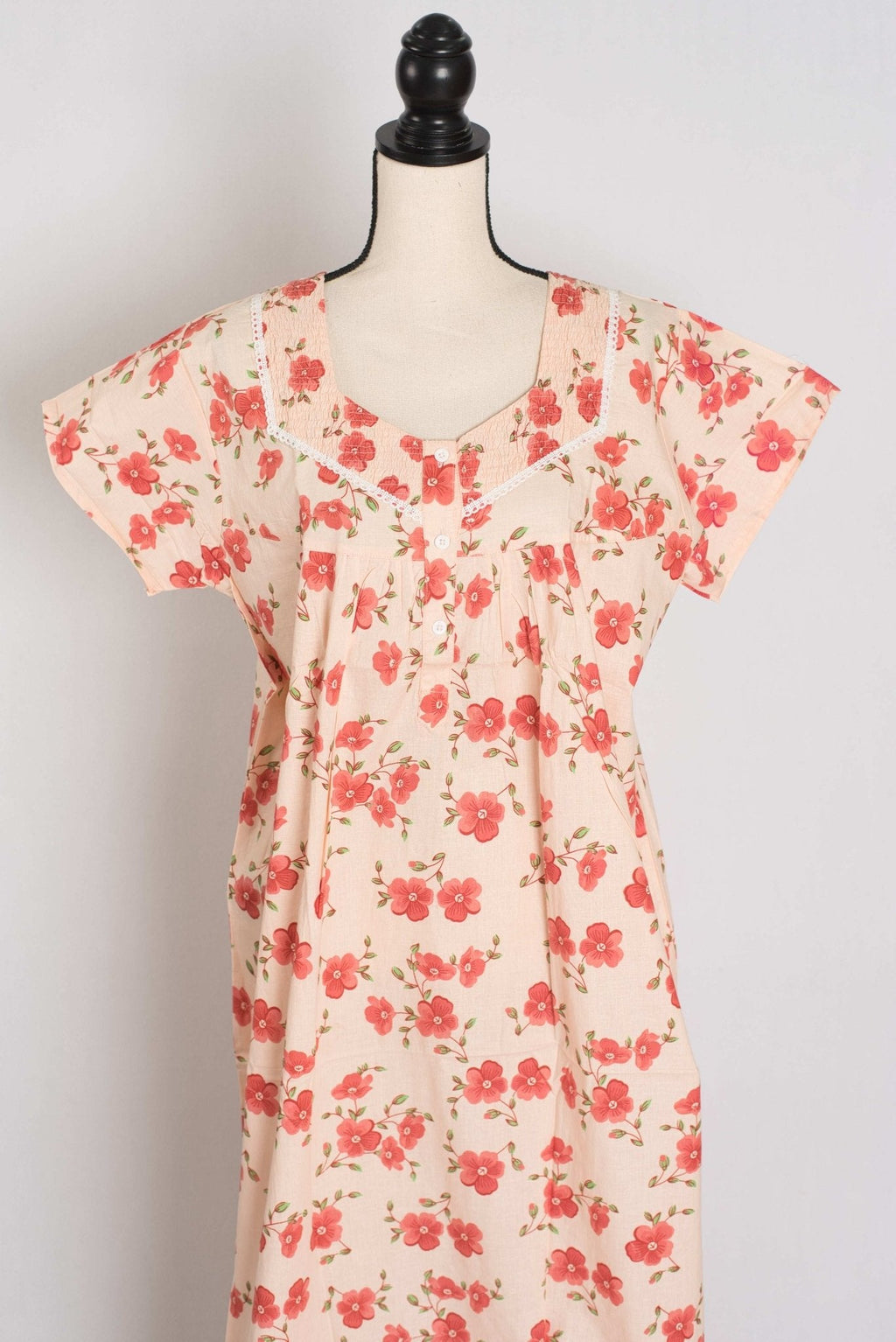 Floral Printed Pale Orange Women Indian Cotton Nighty in Regular Size
