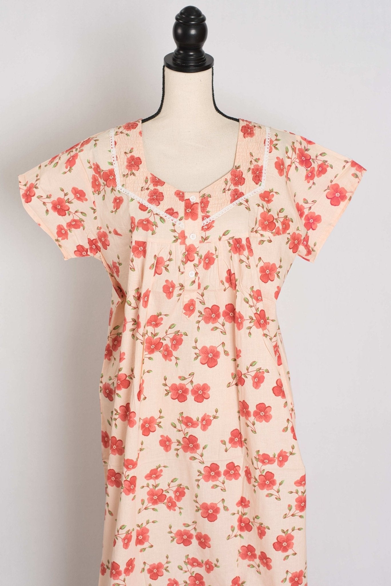 Floral Printed Pale Orange Women Indian Cotton Nighty in Regular Size
