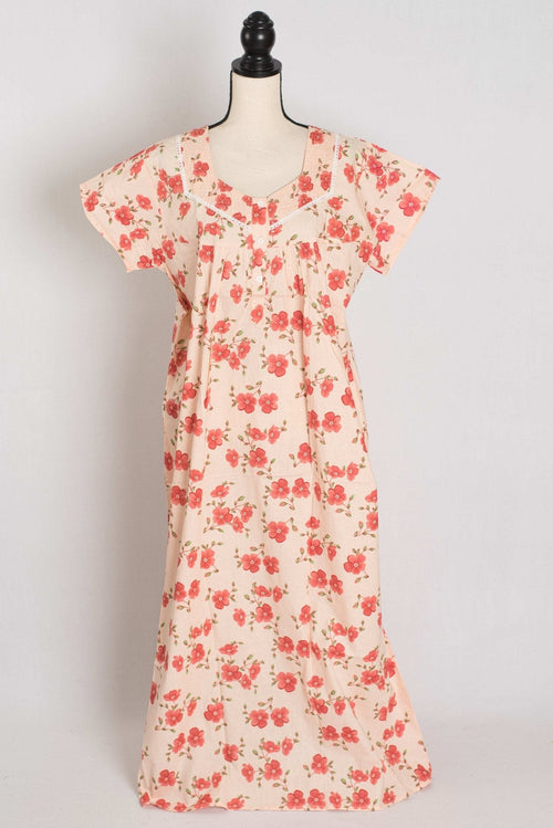 Floral Printed Pale Orange Women Indian Cotton Nighty in Regular Size