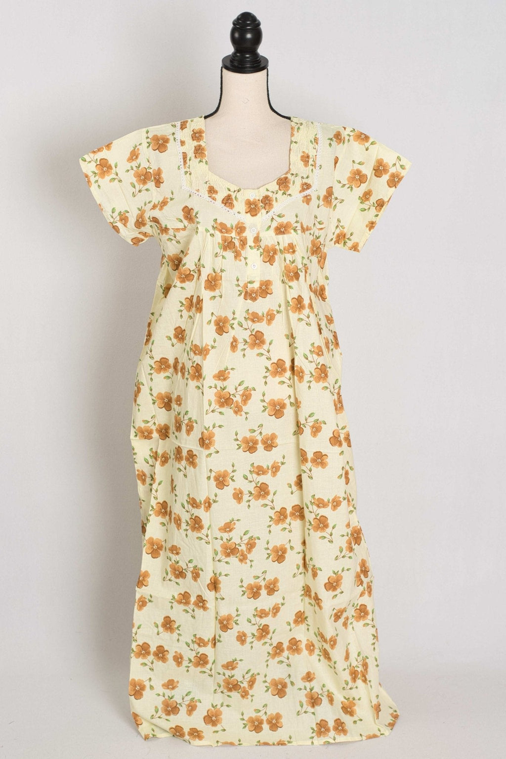 Floral Printed Pale Yellow Women Indian Cotton Nighty in Regular Size