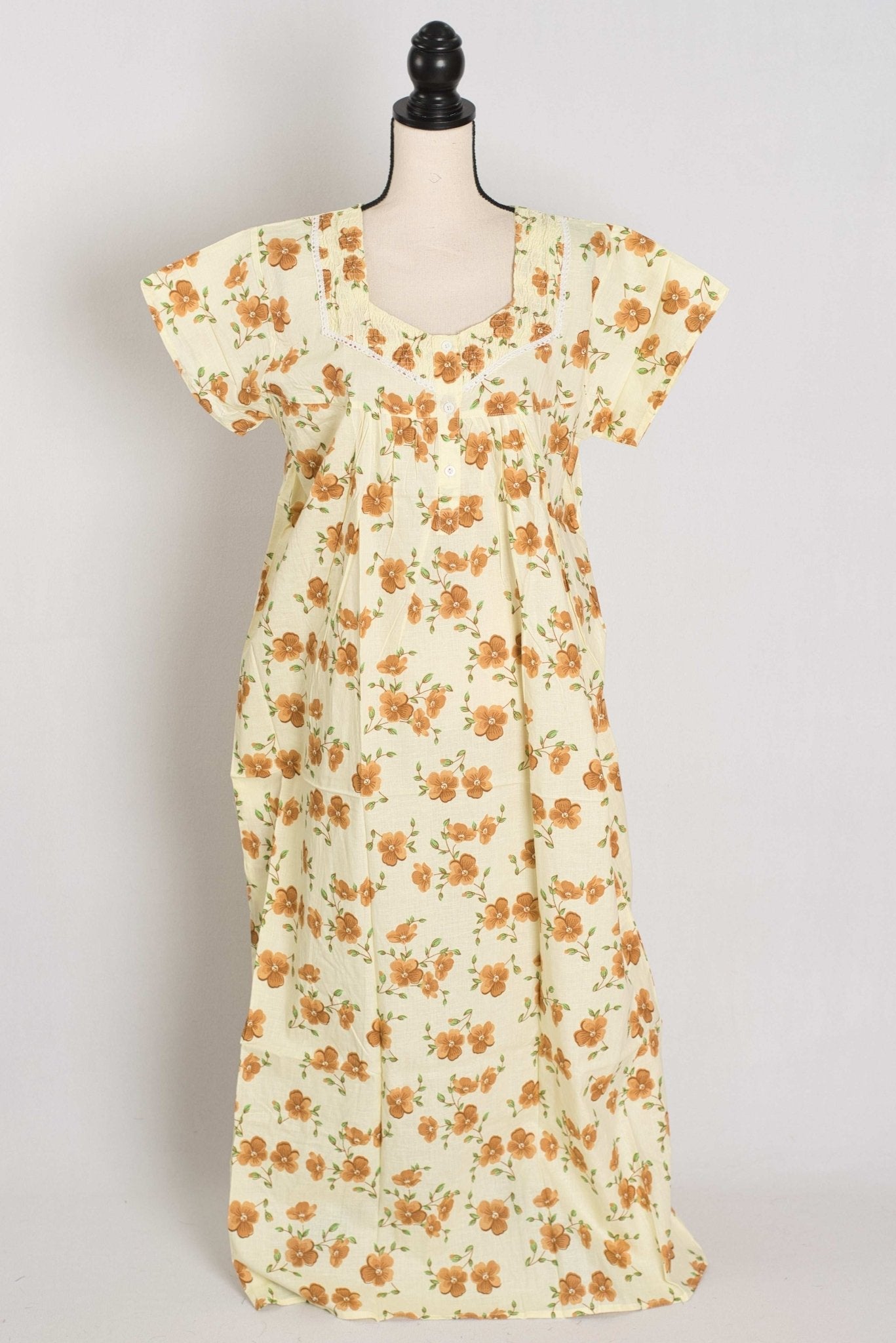 Floral Printed Pale Yellow Women Indian Cotton Nighty in Regular Size