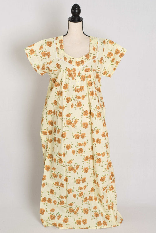 Floral Printed Pale Yellow Women Indian Cotton Nighty in Regular Size